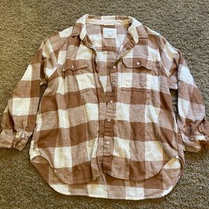 coral colored, size large, button up flannel